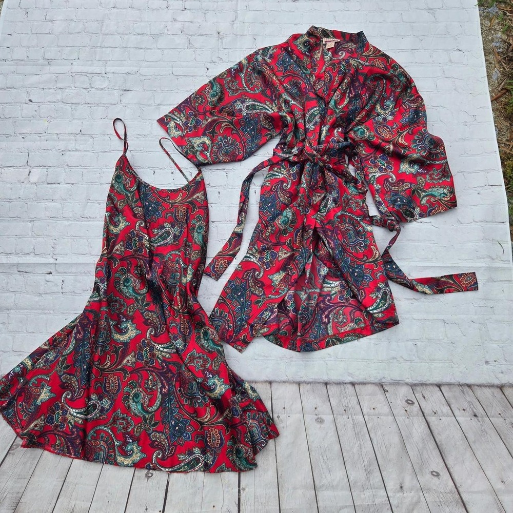 Vtg Lauren Rogers Red Paisley Satin Slip Chemise Dress Kimno Robe Set Whimsigoth